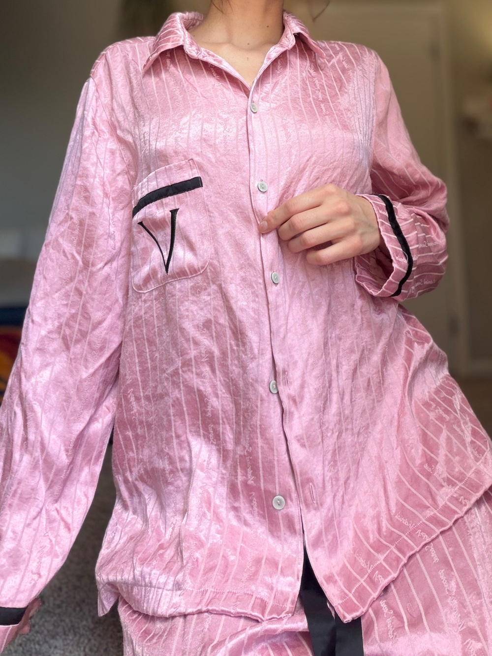 VS Pink Satin Pajama Top with Black Trim
